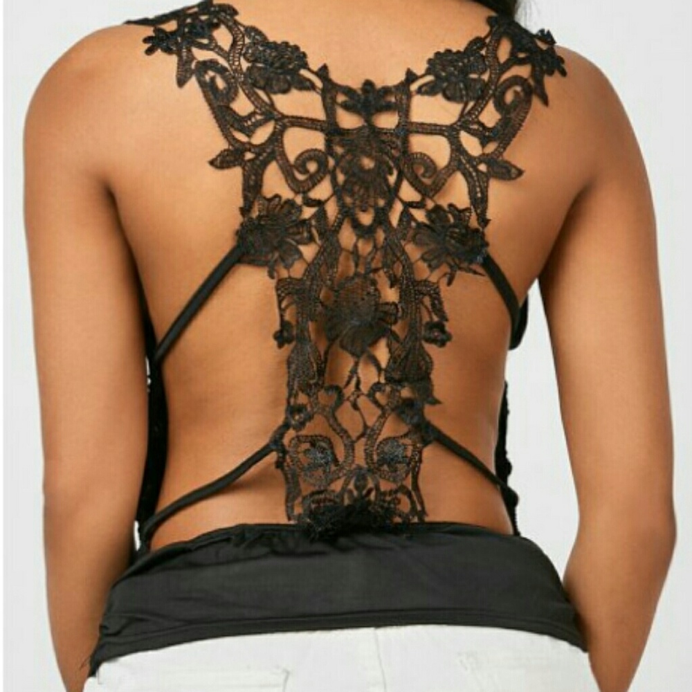 Touched Back Lace Tank Top Black One Size